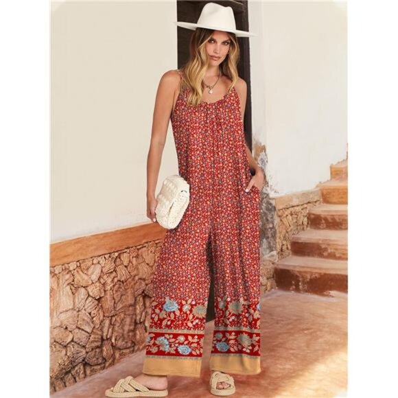 Women Summer Casual Boho Wide Leg Jumpsuits Floral Red - Picture 2 of 6